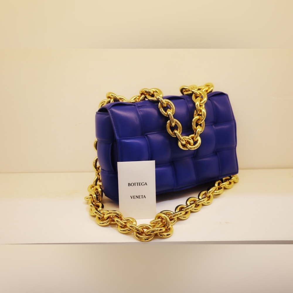 Bottega Veneta Royal Blue Shoulder Bag with Gold Chain